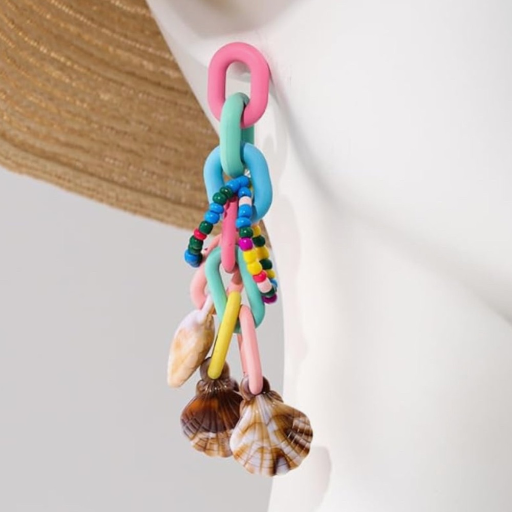 SHELL DANGLE EARRINGS CANDY COLORFUL BEADED CHAIN NWT